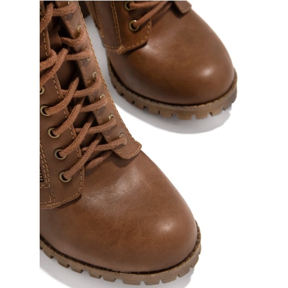 Tan Lace Up High Chunky Heel Combat Boots - Picture 5 of 11